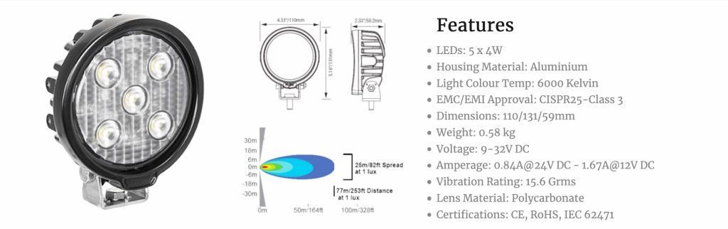 Faro de trabajo REDONDO CINCO 4-WATT LEDS 40° HAZ FLOOD