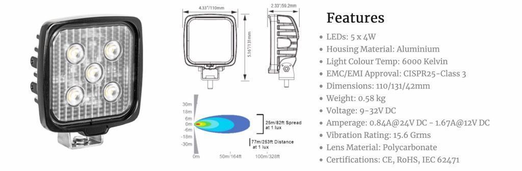 Faro de trabajo CUADRADO CINCO 4-WATT LEDS 40° HAZ FLOOD